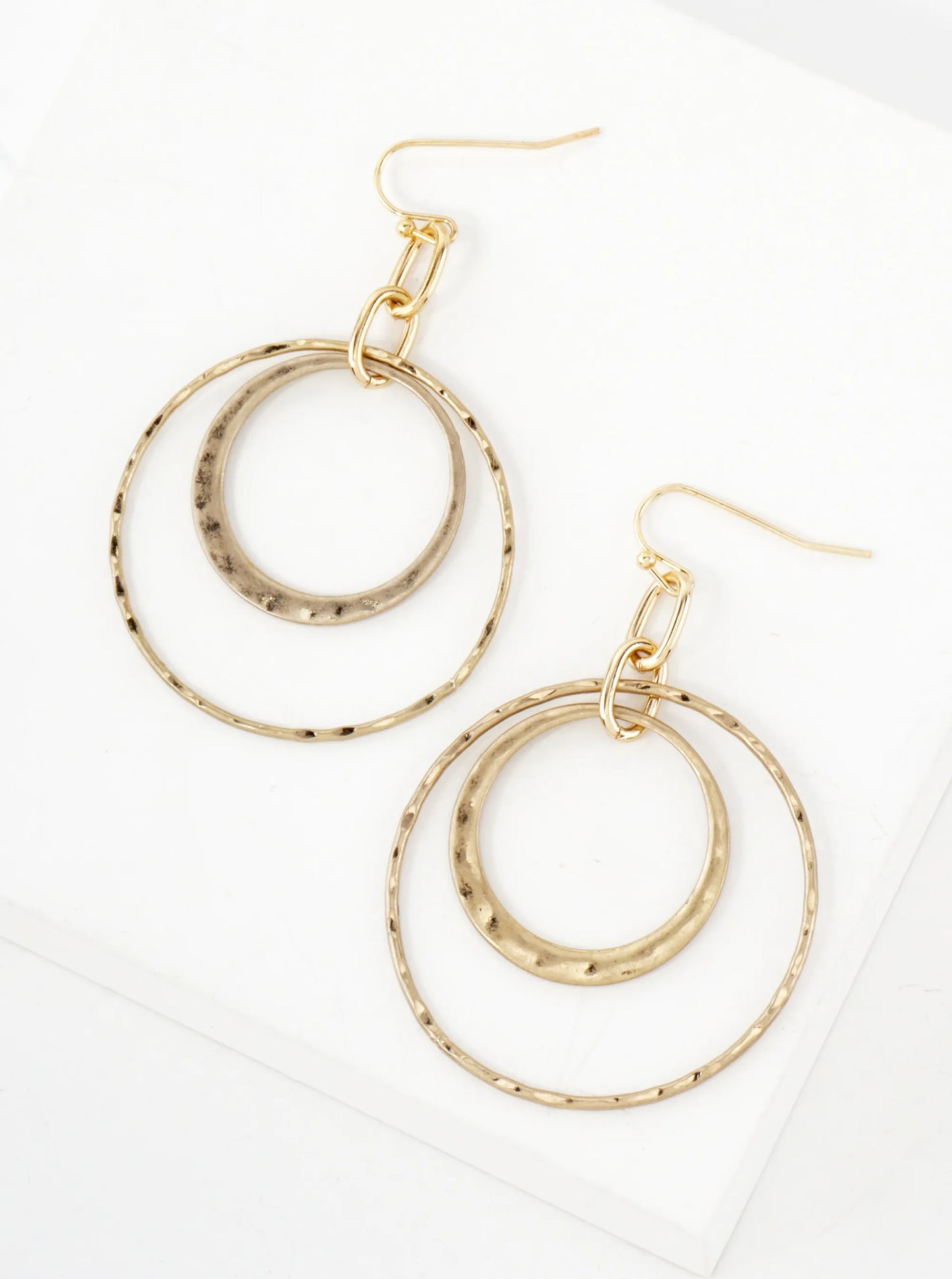 Hammered-Texture Double Circle Dangle Drop Earrings