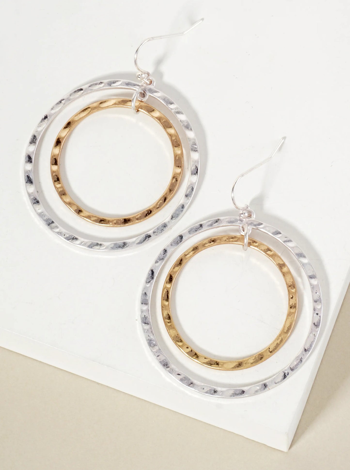 Hammered-Texture Double Circle Dangle Drop Earrings