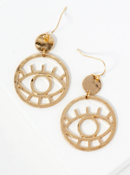 Hammered-Texture Evil-Eye Circle Drop Spiritual Dangle Earrings