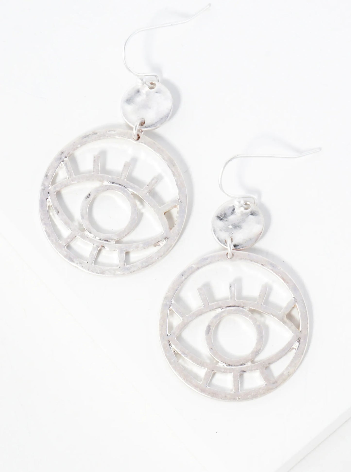 Hammered-Texture Evil-Eye Circle Drop Spiritual Dangle Earrings