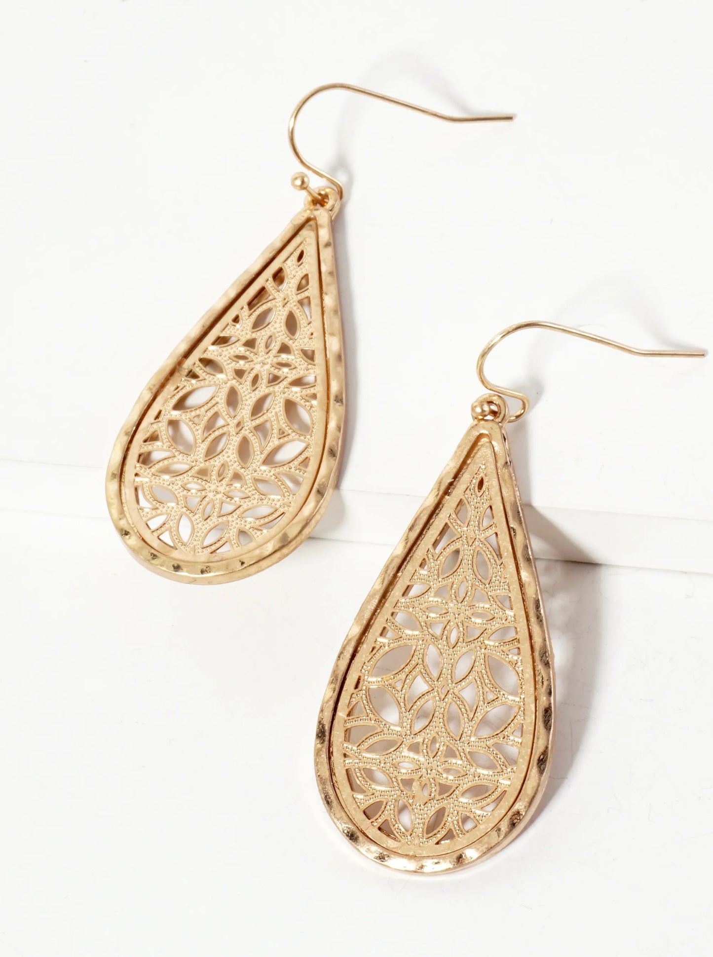 Hammered-Texture Filigree Teardrop Dangle Earrings