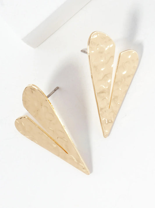 Hammered-Texture Flat Heart Brass Stud Earrings