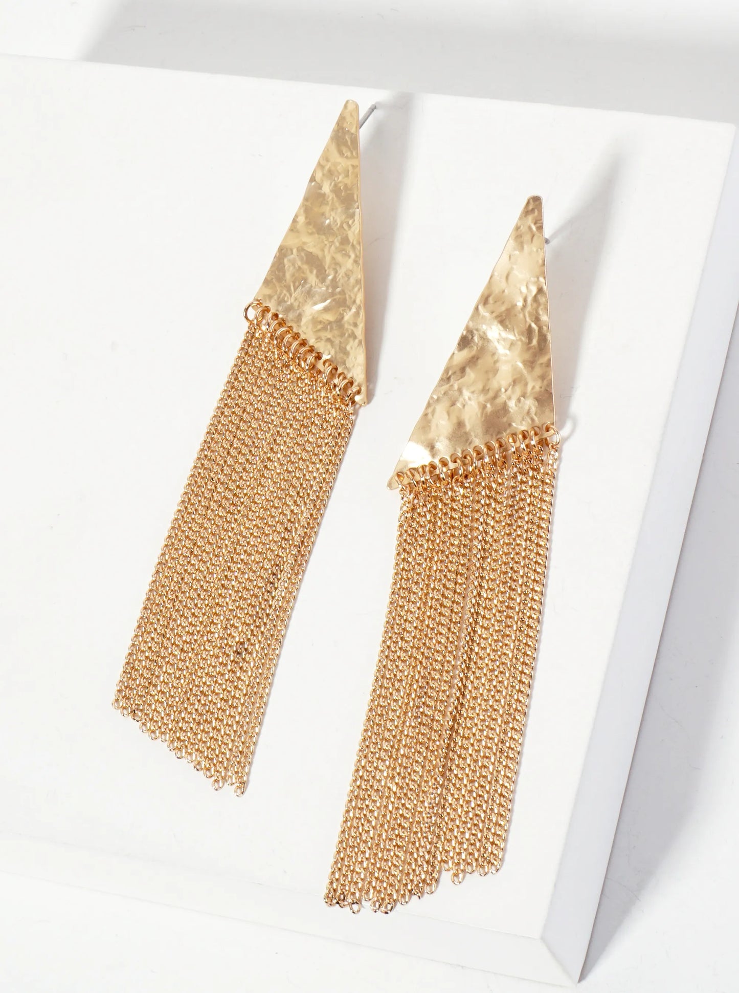 Hammered-Texture Geometric Triangle Earrings With Chain Drop