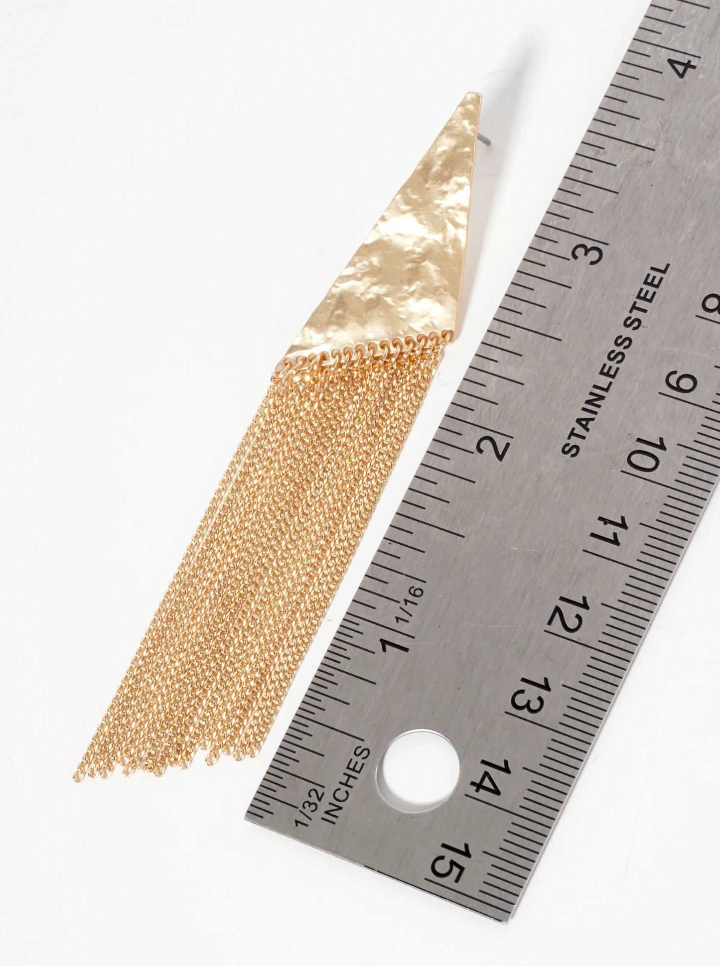 Hammered-Texture Geometric Triangle Earrings With Chain Drop