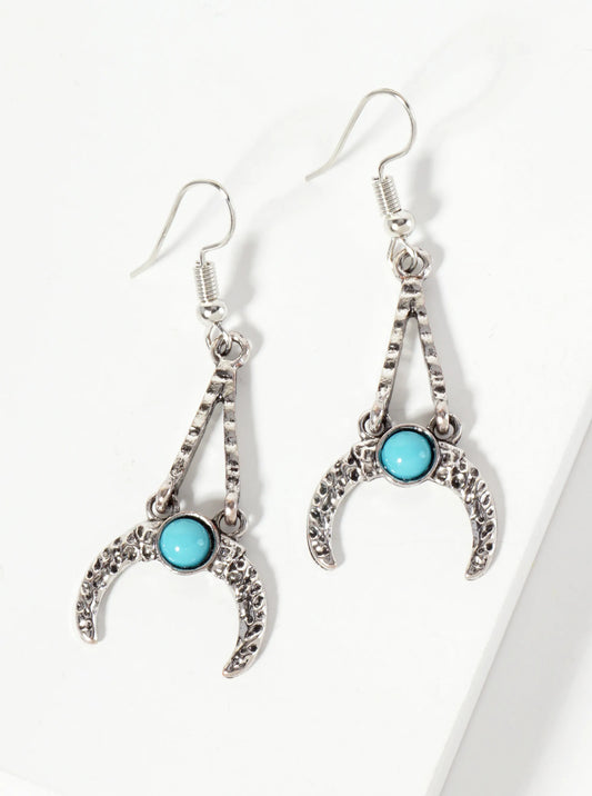 Hammered-Texture Inverted Crescent-Moon Design With Turquoise-Stones Western Dangle Earrings