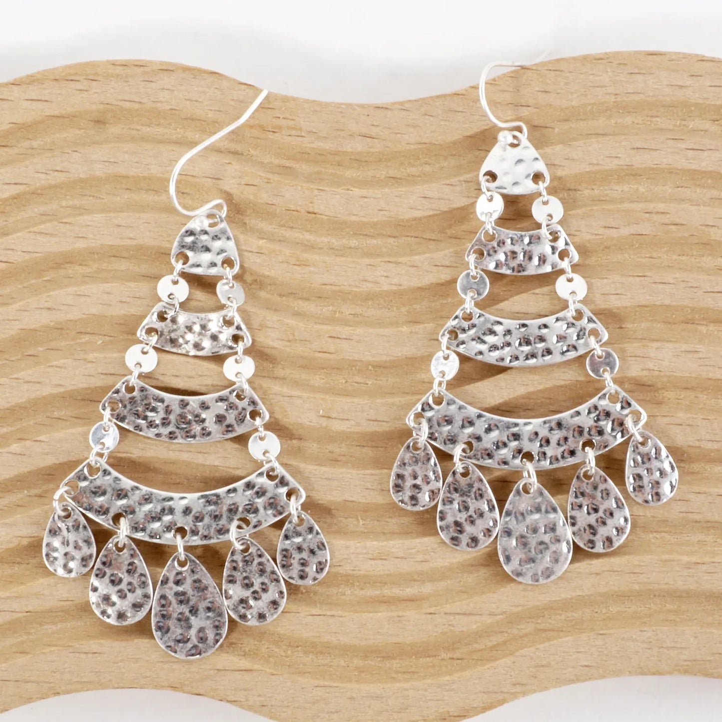 Hammered-Texture Linked Teardrop Chandelier Earrings