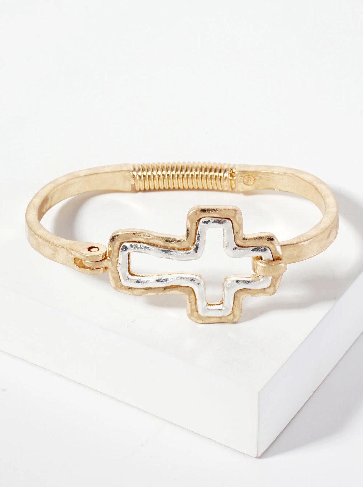 Hammered-Texture Metal Dual-Tone Cross-Shaped Hook-Clasp Hinged Bracelet