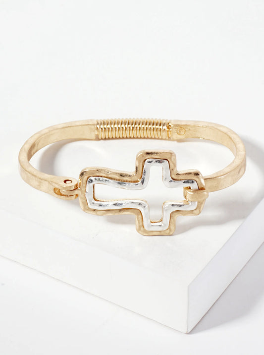 Hammered-Texture Metal Dual-Tone Cross-Shaped Hook-Clasp Hinged Bracelet