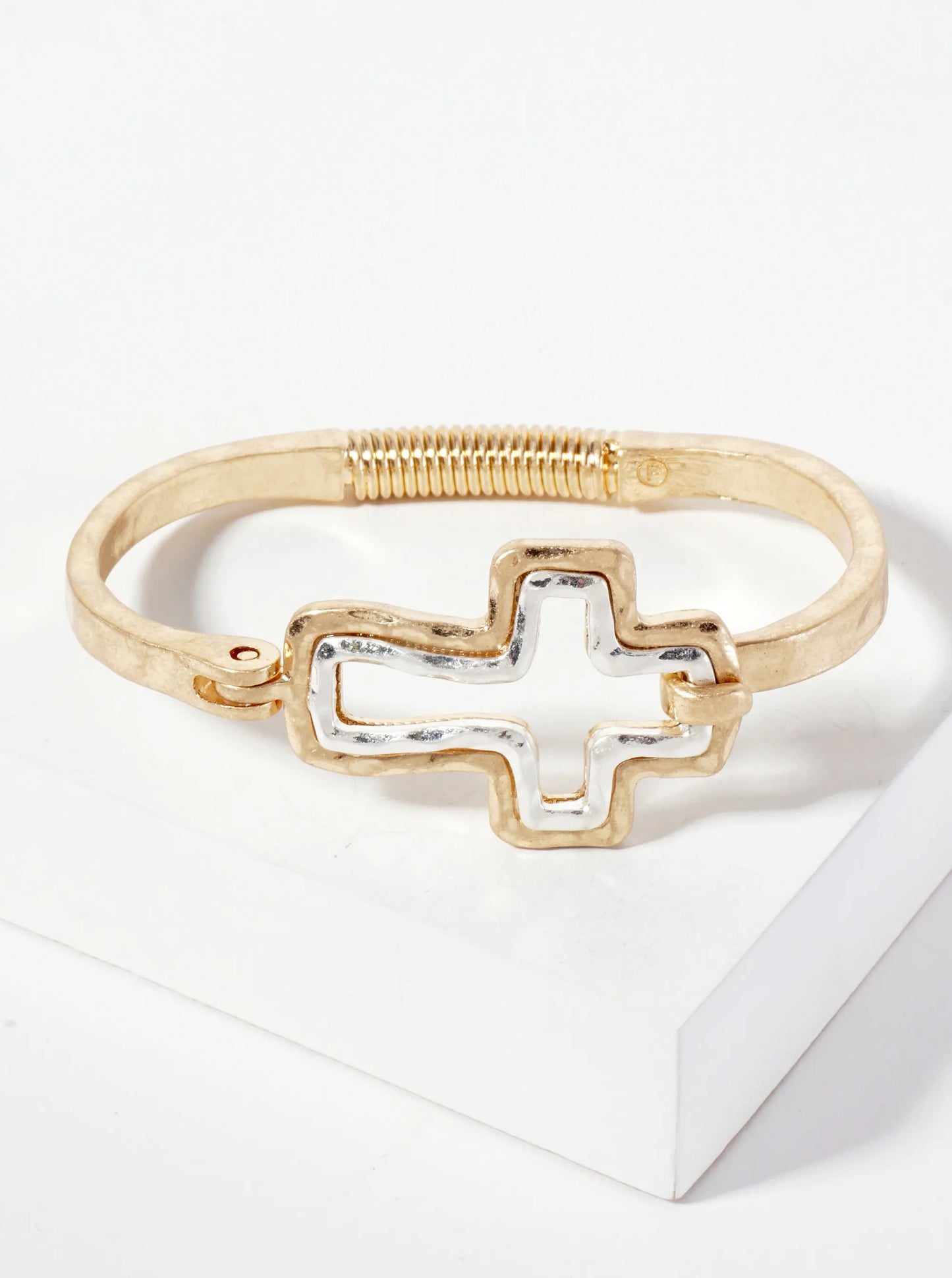 Hammered-Texture Metal Dual-Tone Cross-Shaped Hook-Clasp Hinged Bracelet