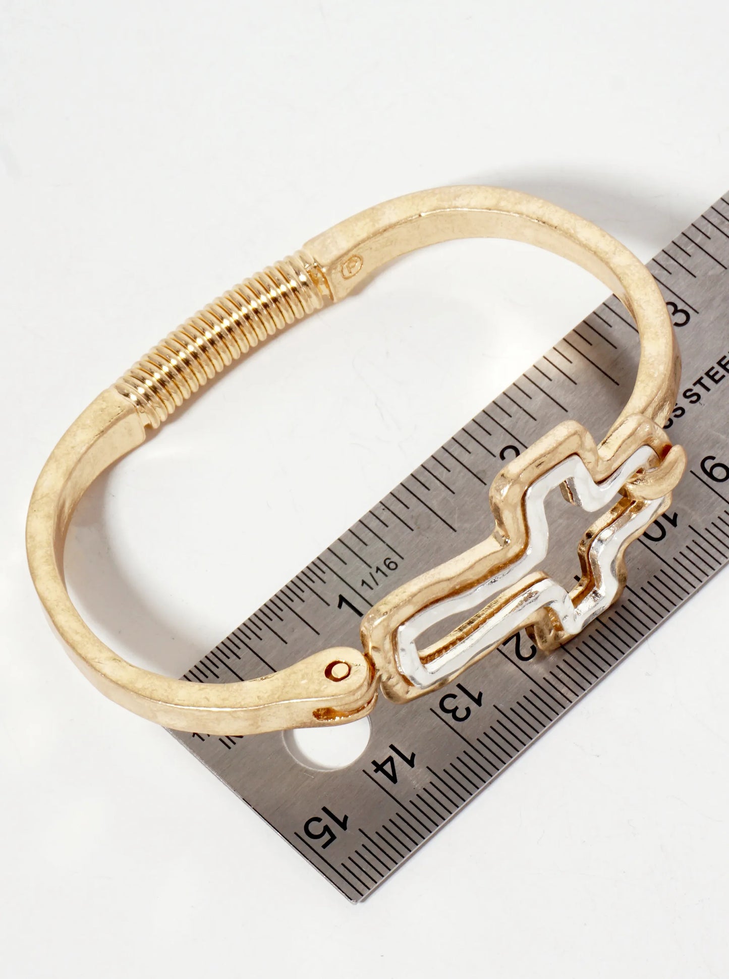 Hammered-Texture Metal Dual-Tone Cross-Shaped Hook-Clasp Hinged Bracelet