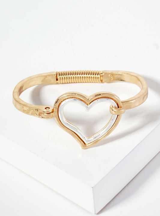 Hammered-Texture Metal Dual-Tone Heart-Shaped Hook-Clasp Hinged Bracelet