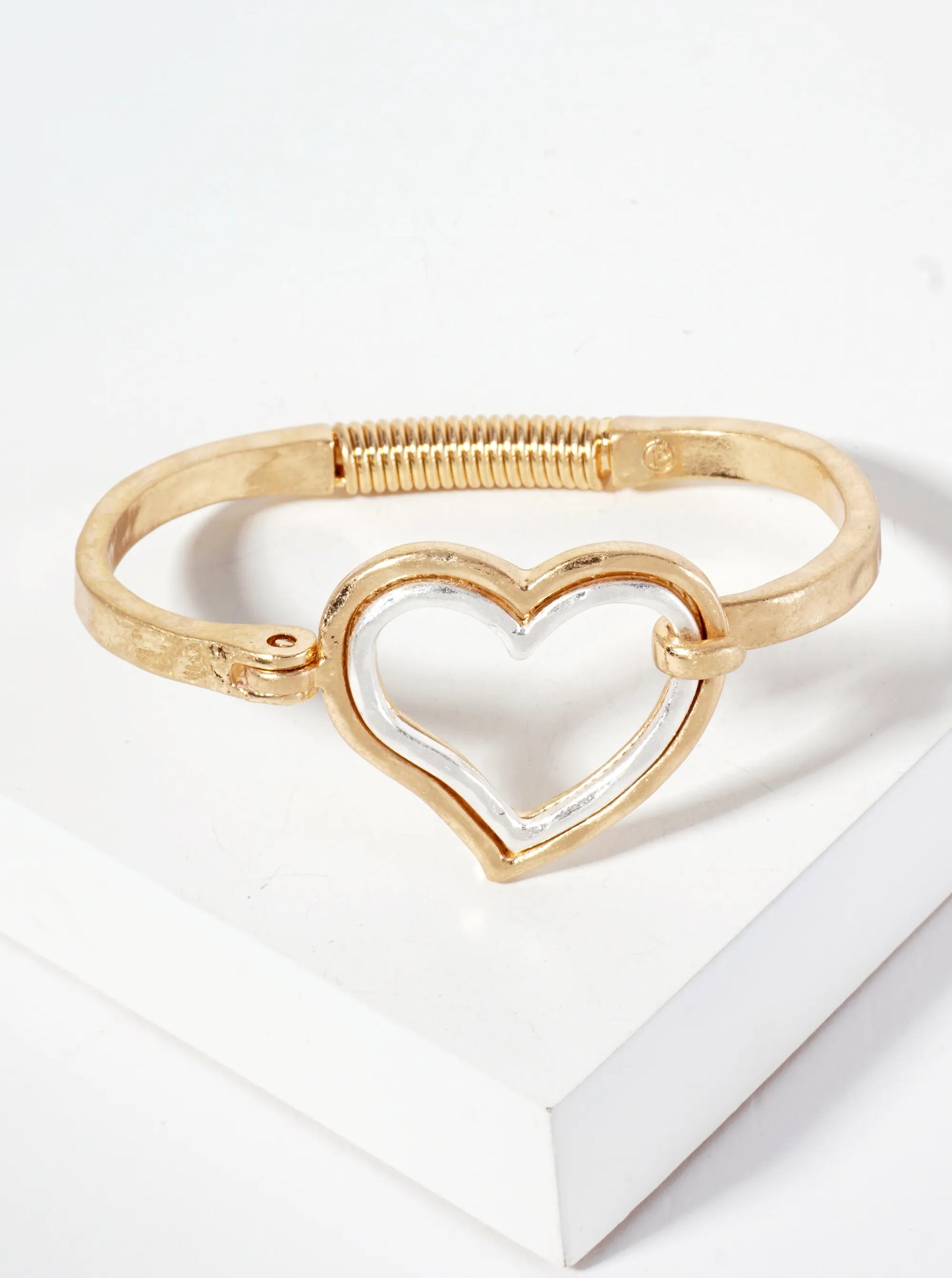 Hammered-Texture Metal Dual-Tone Heart-Shaped Hook-Clasp Hinged Bracelet