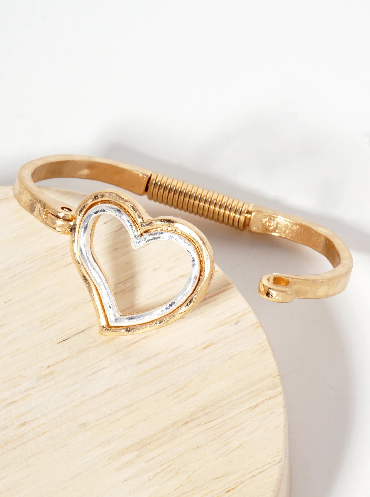 Hammered-Texture Metal Dual-Tone Heart-Shaped Hook-Clasp Hinged Bracelet