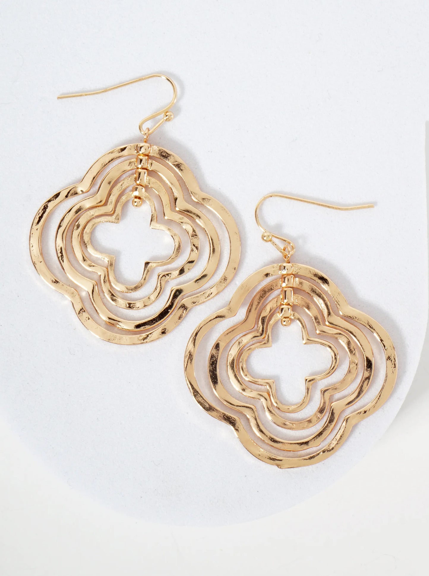 Hammered-Texture Metal Layered Quatrefoils Drop Dangle Earrings