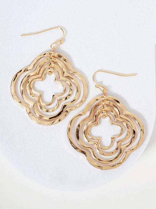 Hammered-Texture Metal Layered Quatrefoils Drop Dangle Earrings