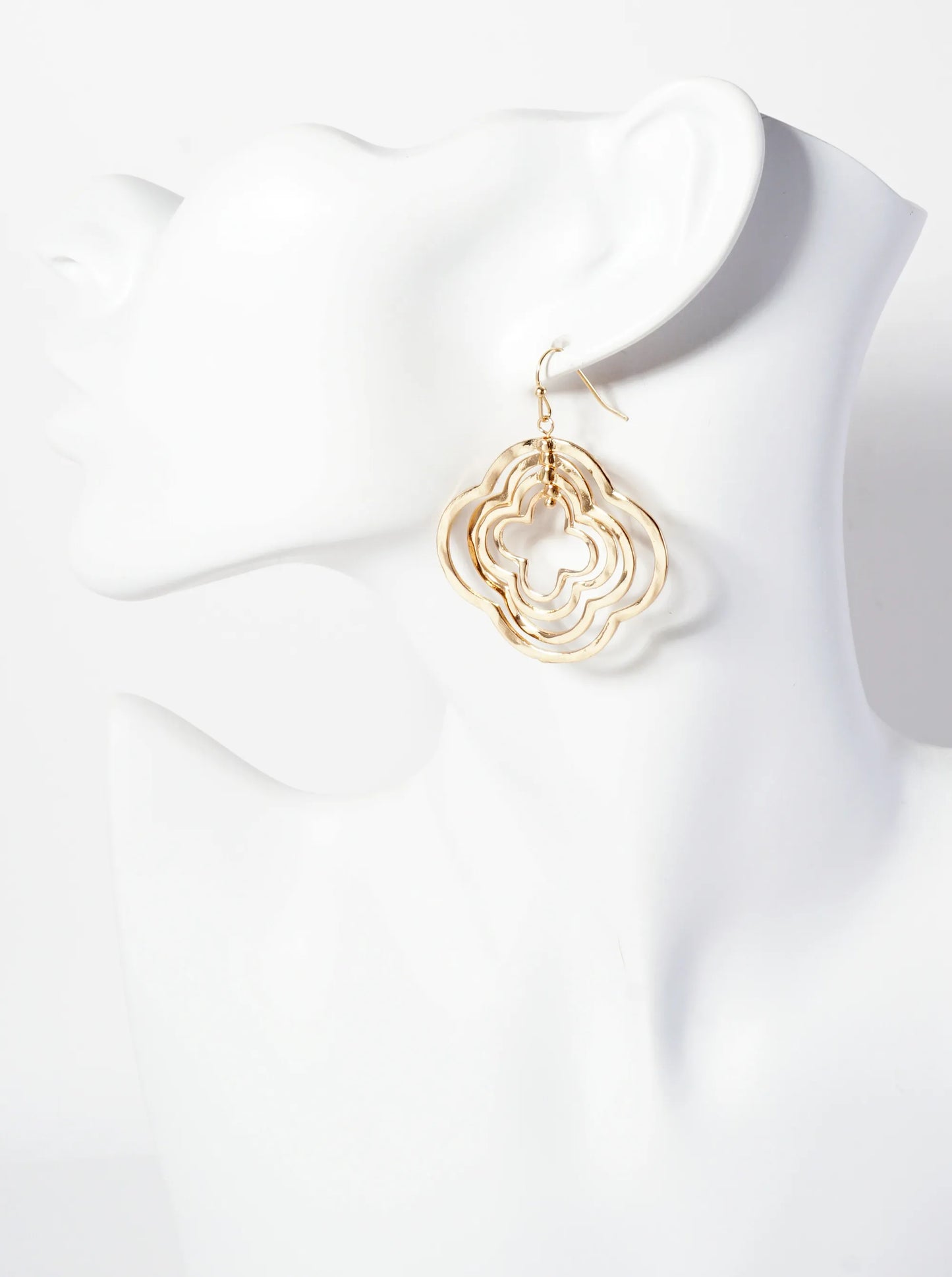 Hammered-Texture Metal Layered Quatrefoils Drop Dangle Earrings