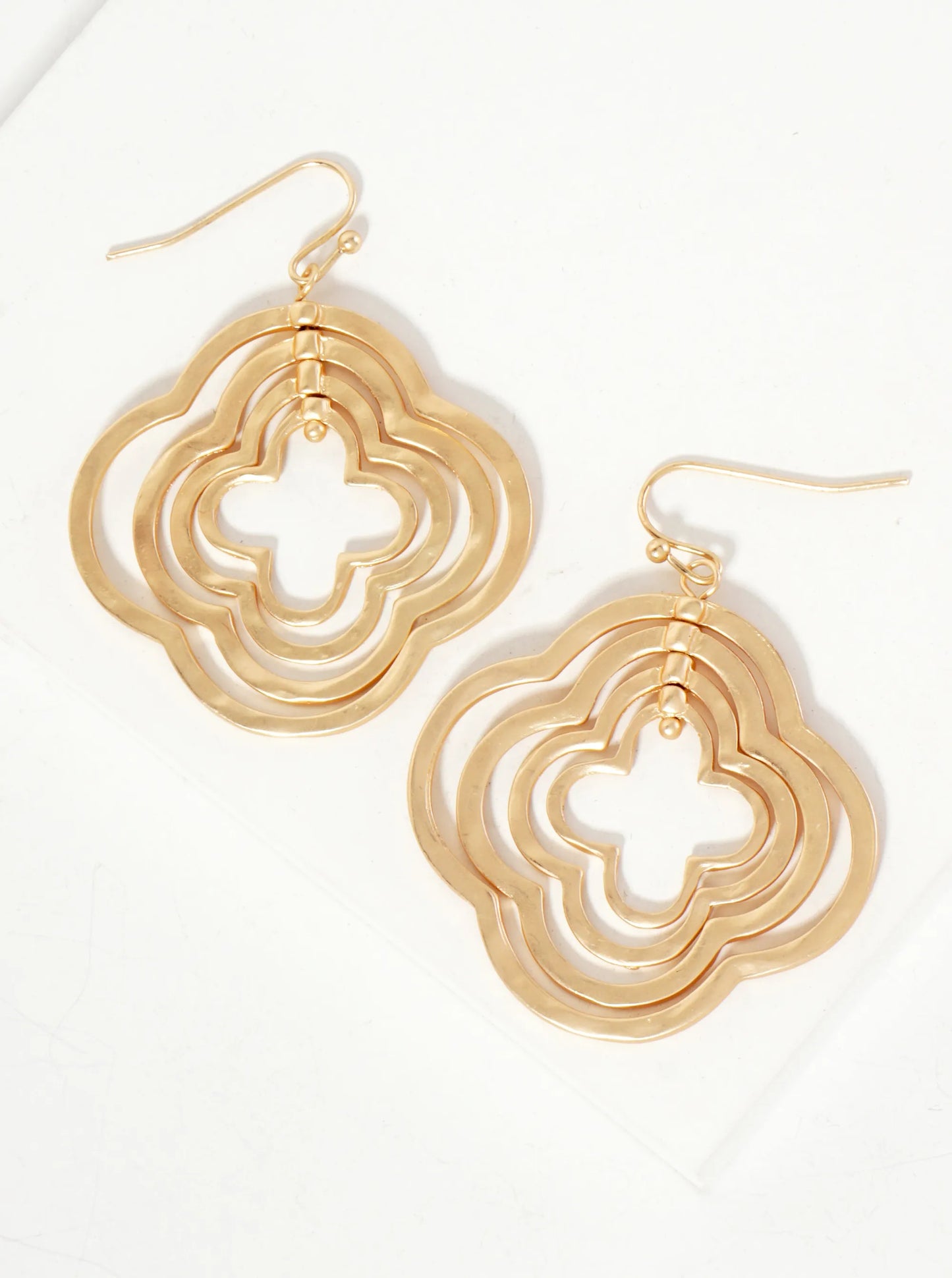 Hammered-Texture Metal Layered Quatrefoils Drop Dangle Earrings