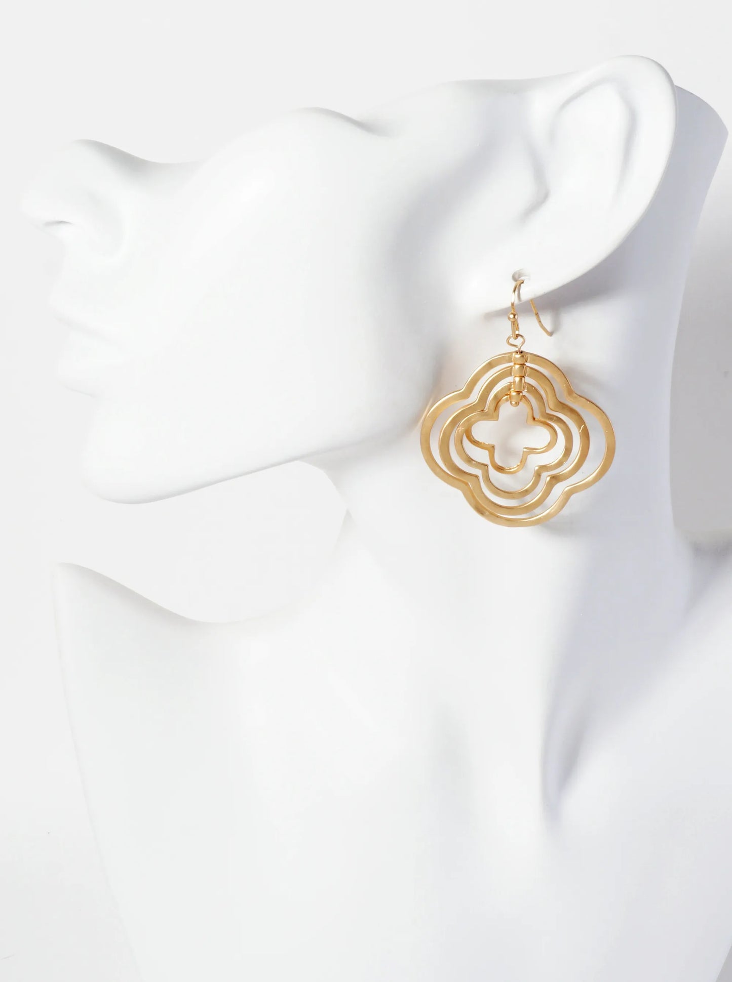 Hammered-Texture Metal Layered Quatrefoils Drop Dangle Earrings