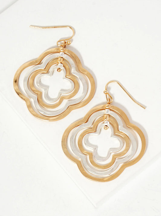 Hammered-Texture Metal Layered Quatrefoils Drop Dangle Earrings