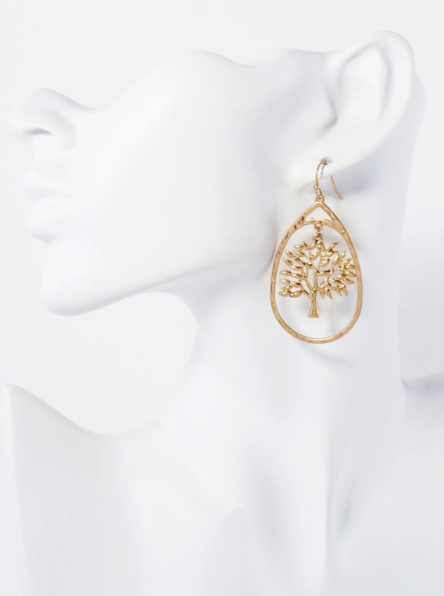 Hammered-Texture Metal Tree-of-Life Teardrop Dangle Earrings