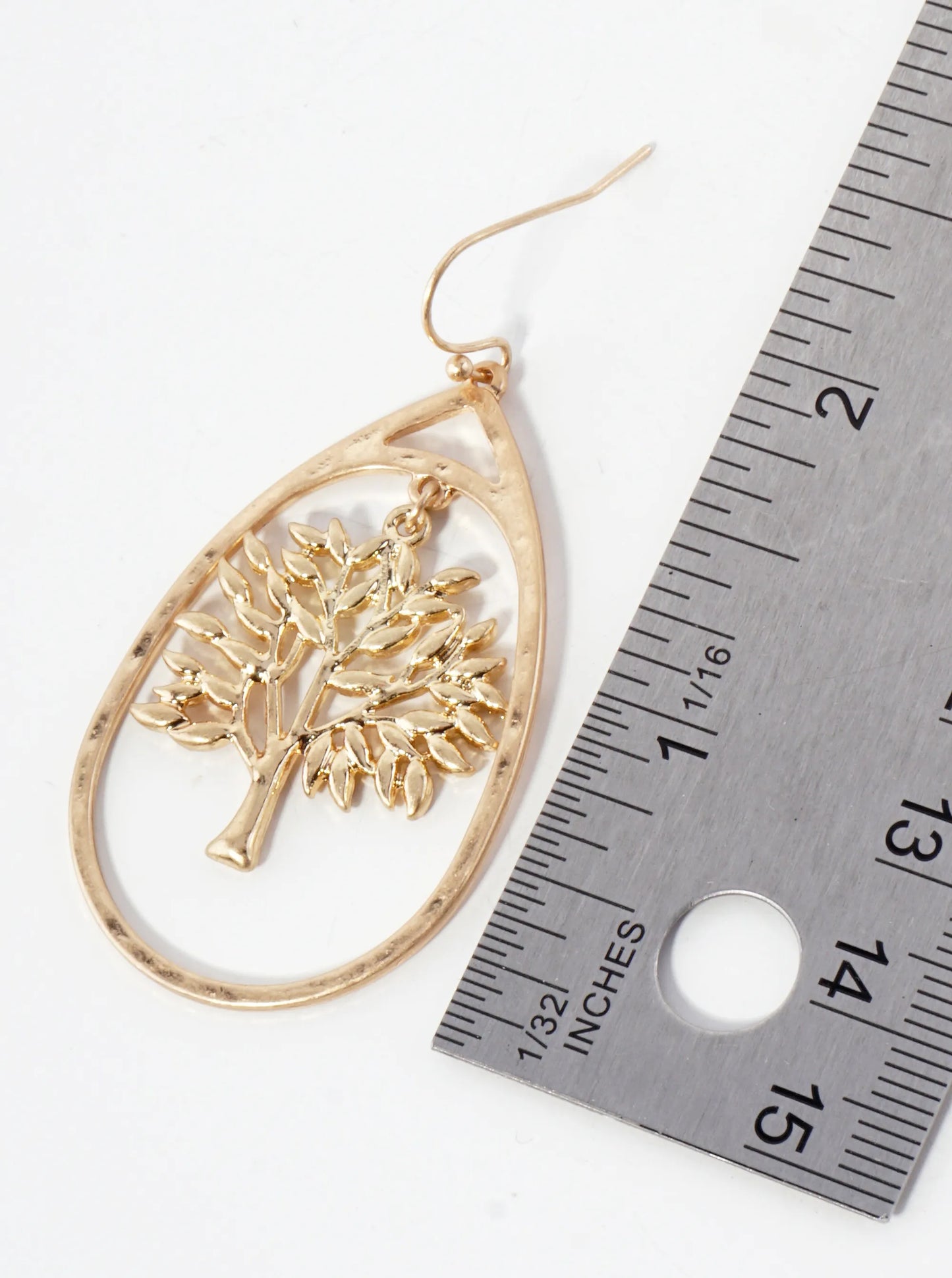 Hammered-Texture Metal Tree-of-Life Teardrop Dangle Earrings