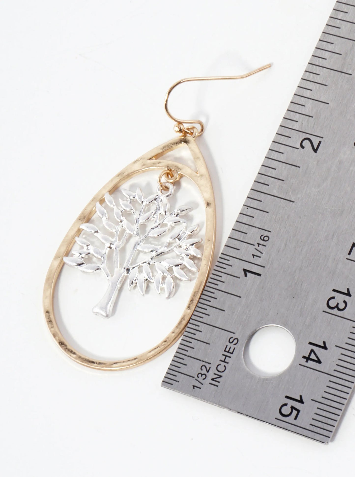 Hammered-Texture Metal Tree-of-Life Teardrop Dangle Earrings