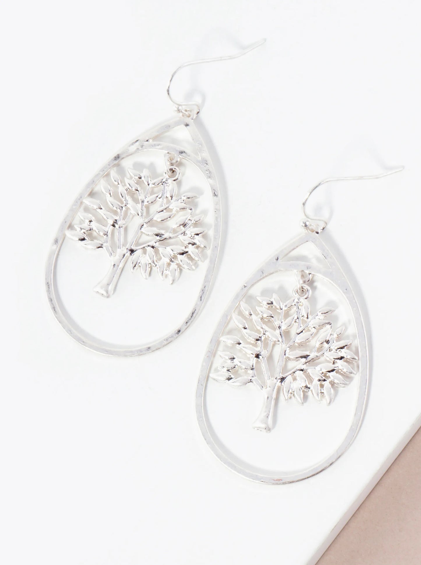Hammered-Texture Metal Tree-of-Life Teardrop Dangle Earrings