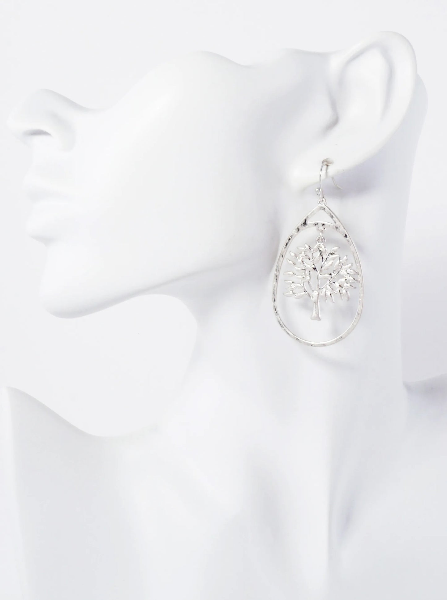 Hammered-Texture Metal Tree-of-Life Teardrop Dangle Earrings