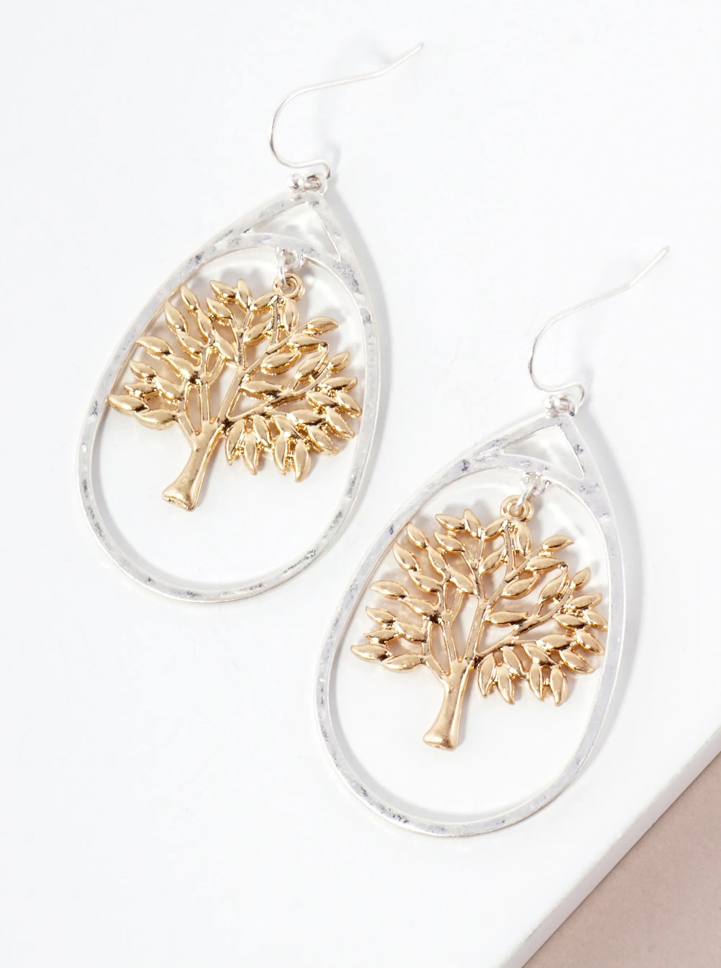 Hammered-Texture Metal Tree-of-Life Teardrop Dangle Earrings