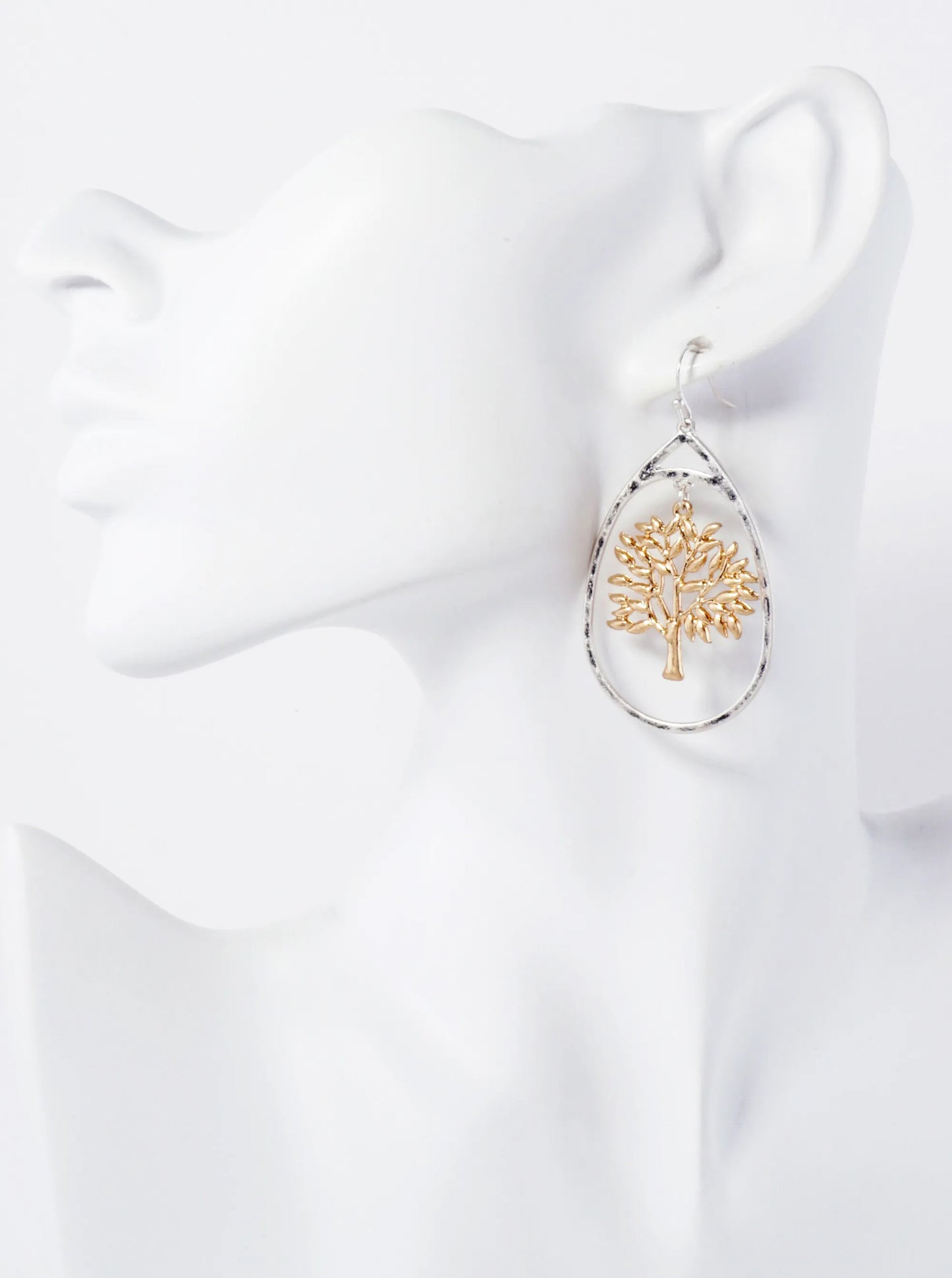 Hammered-Texture Metal Tree-of-Life Teardrop Dangle Earrings