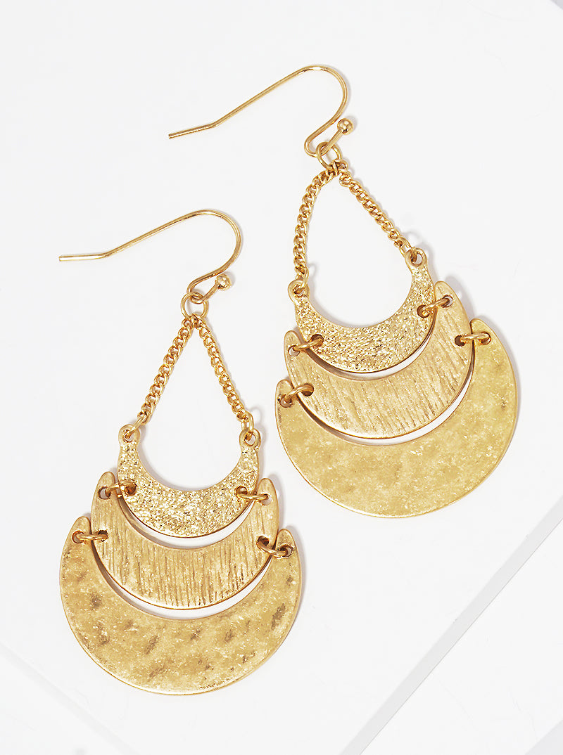 Hammered-Texture Metal Tri Crescent Drop Earrings