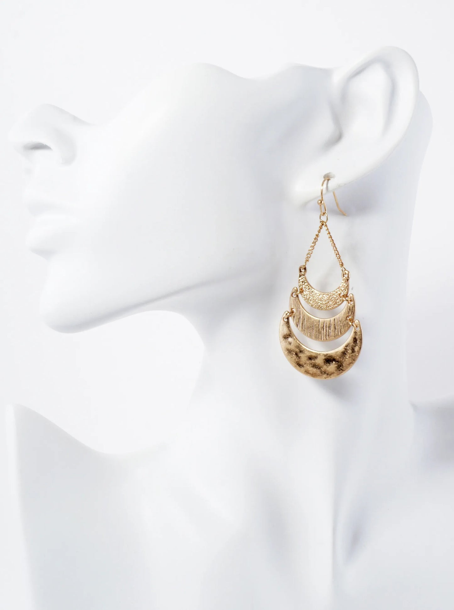 Hammered-Texture Metal Tri Crescent Drop Earrings
