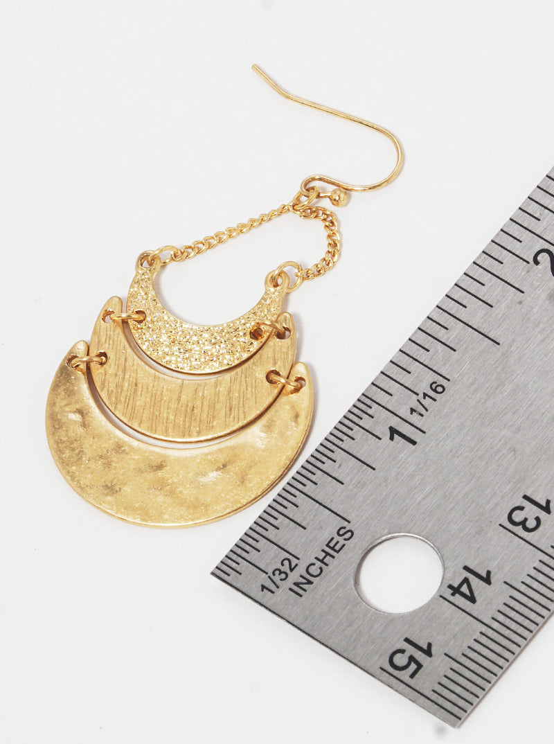 Hammered-Texture Metal Tri Crescent Drop Earrings
