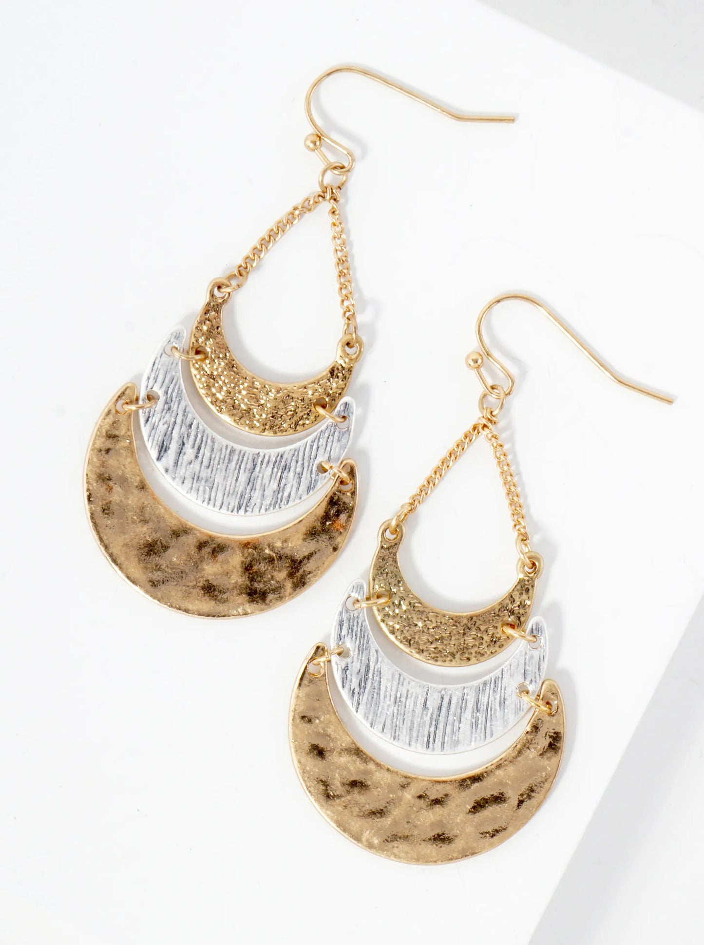Hammered-Texture Metal Tri Crescent Drop Earrings