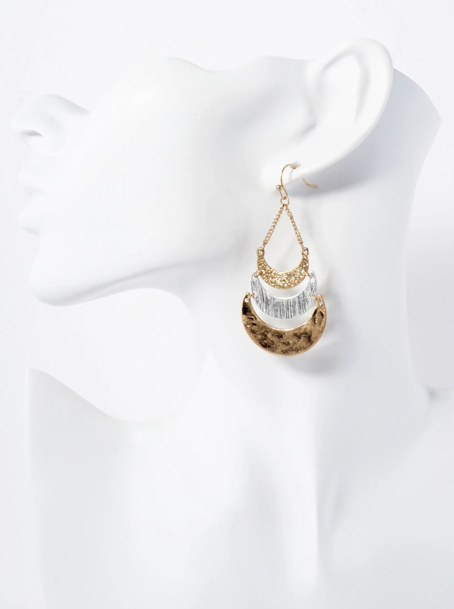 Hammered-Texture Metal Tri Crescent Drop Earrings