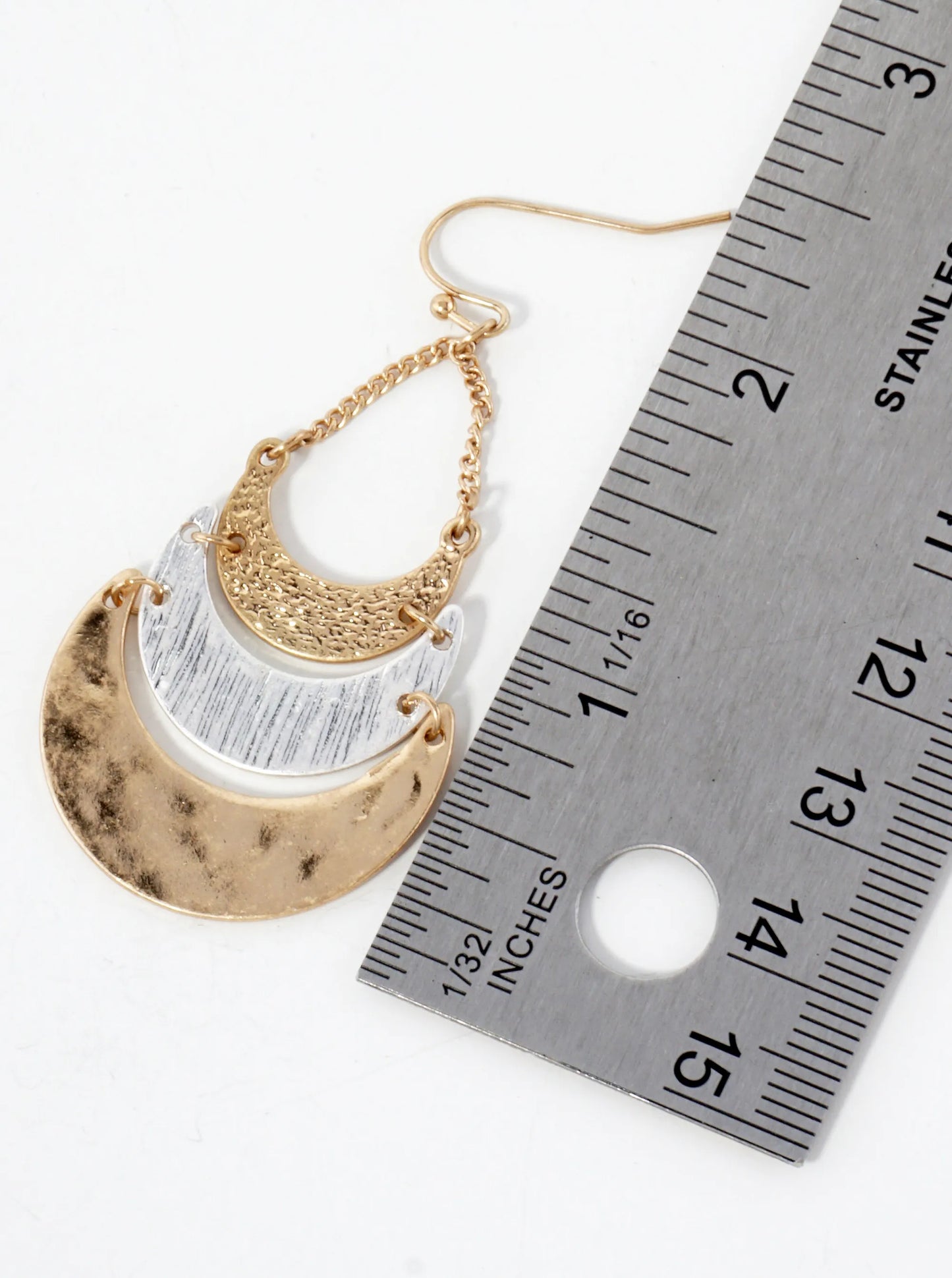 Hammered-Texture Metal Tri Crescent Drop Earrings