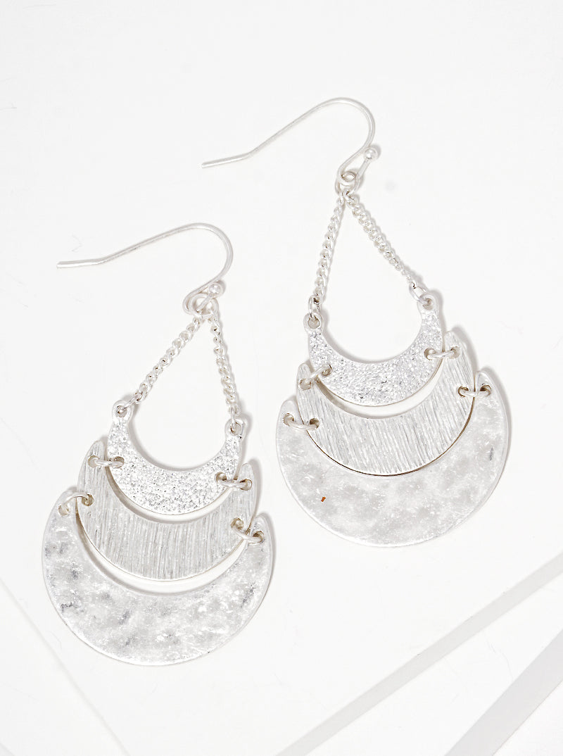 Hammered-Texture Metal Tri Crescent Drop Earrings