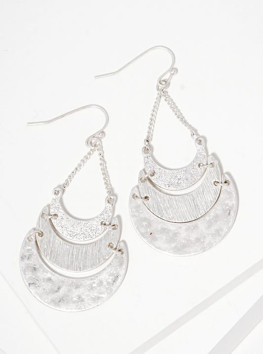 Hammered-Texture Metal Tri Crescent Drop Earrings