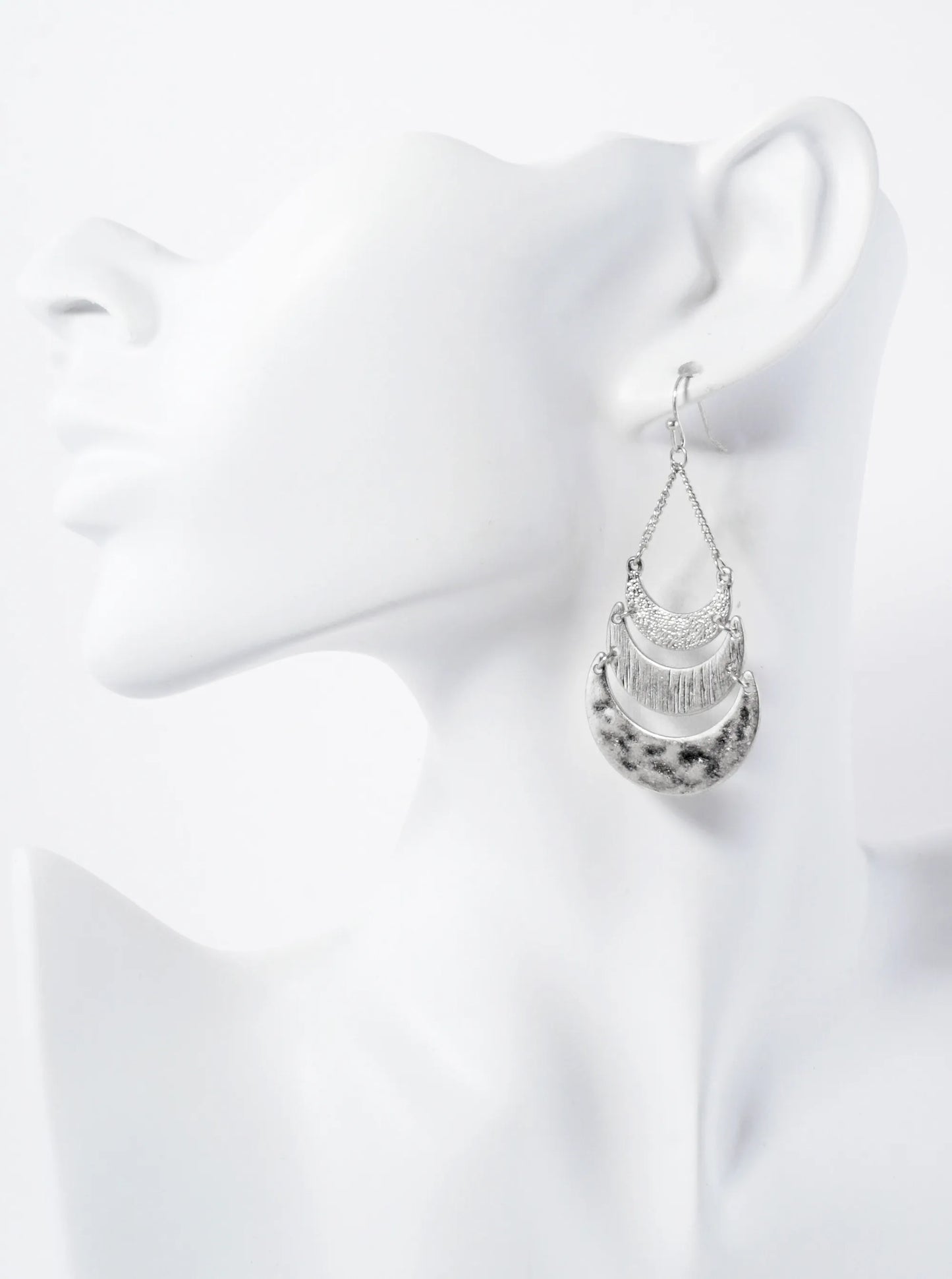 Hammered-Texture Metal Tri Crescent Drop Earrings