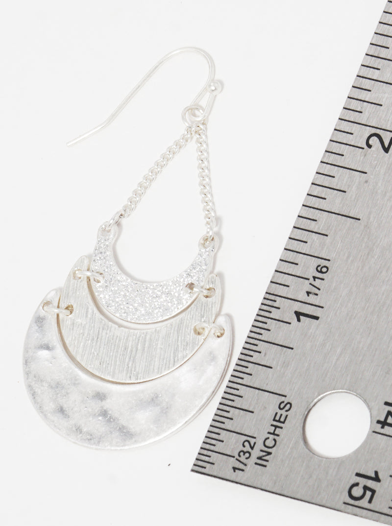 Hammered-Texture Metal Tri Crescent Drop Earrings