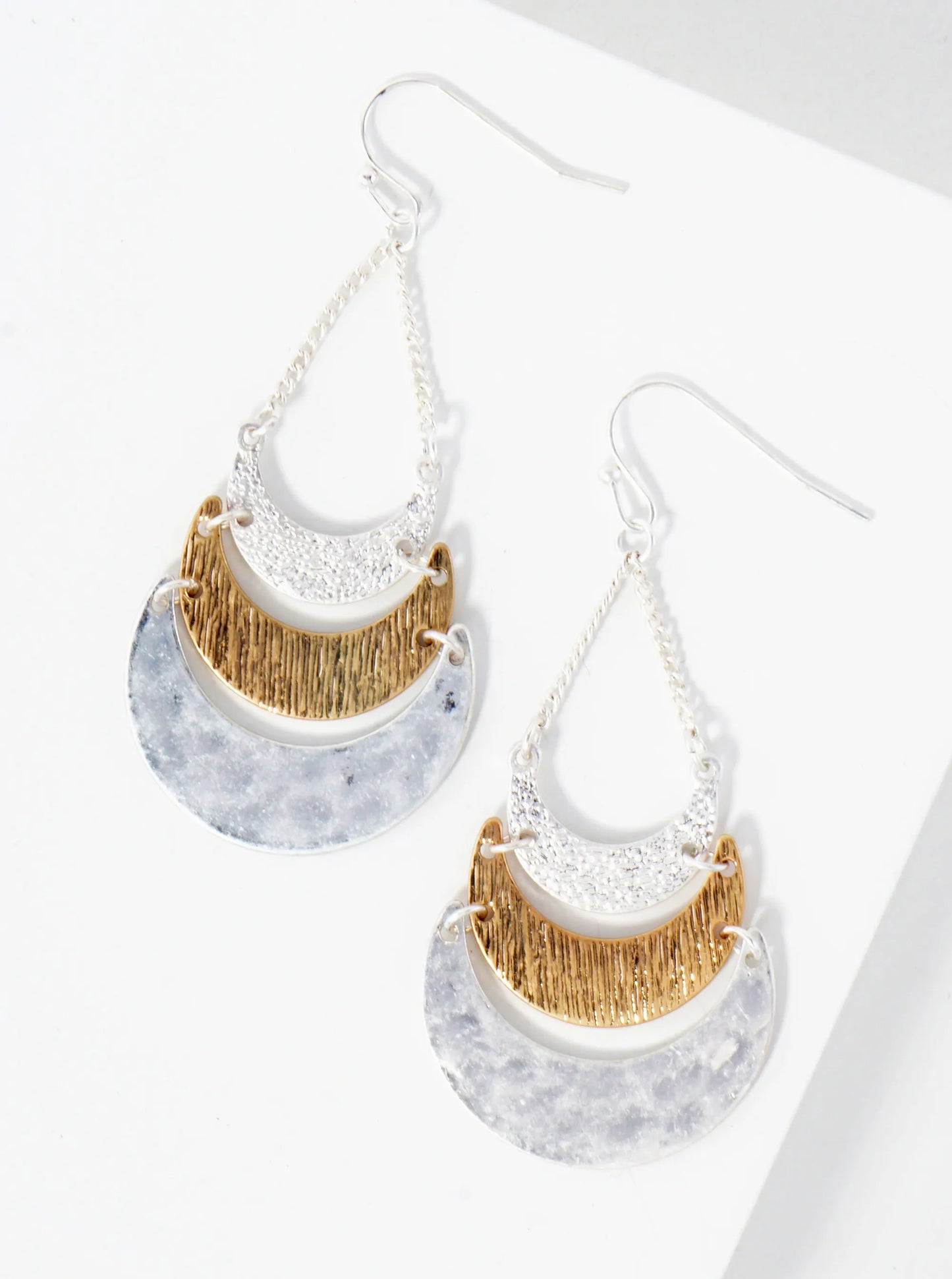 Hammered-Texture Metal Tri Crescent Drop Earrings
