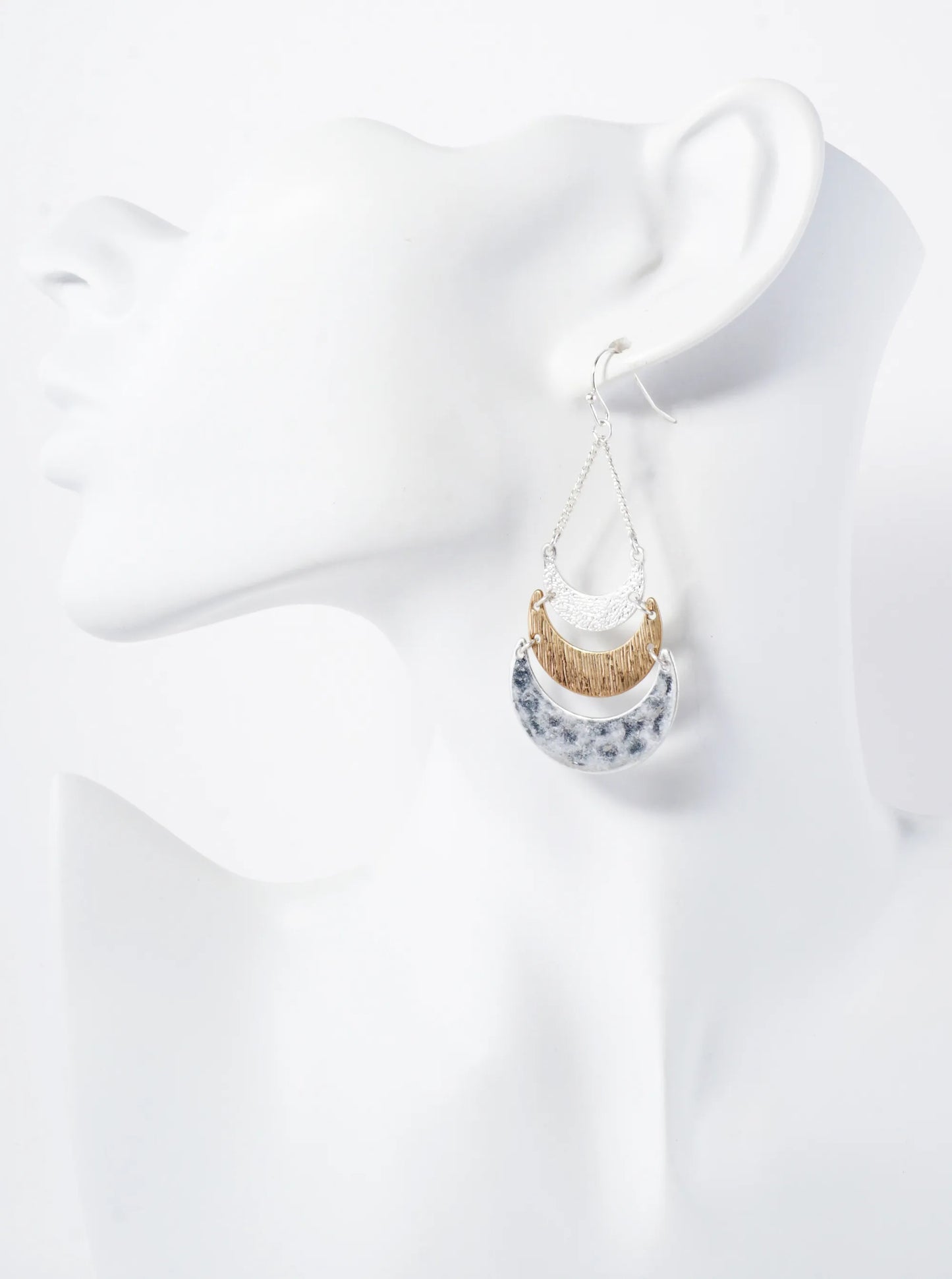 Hammered-Texture Metal Tri Crescent Drop Earrings