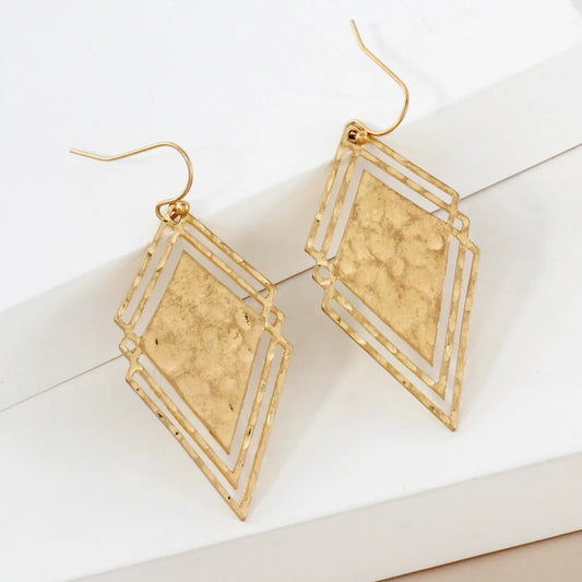 Hammered-Texture Overlapping Diamond Shape Geometric Dangle Drop Earrings