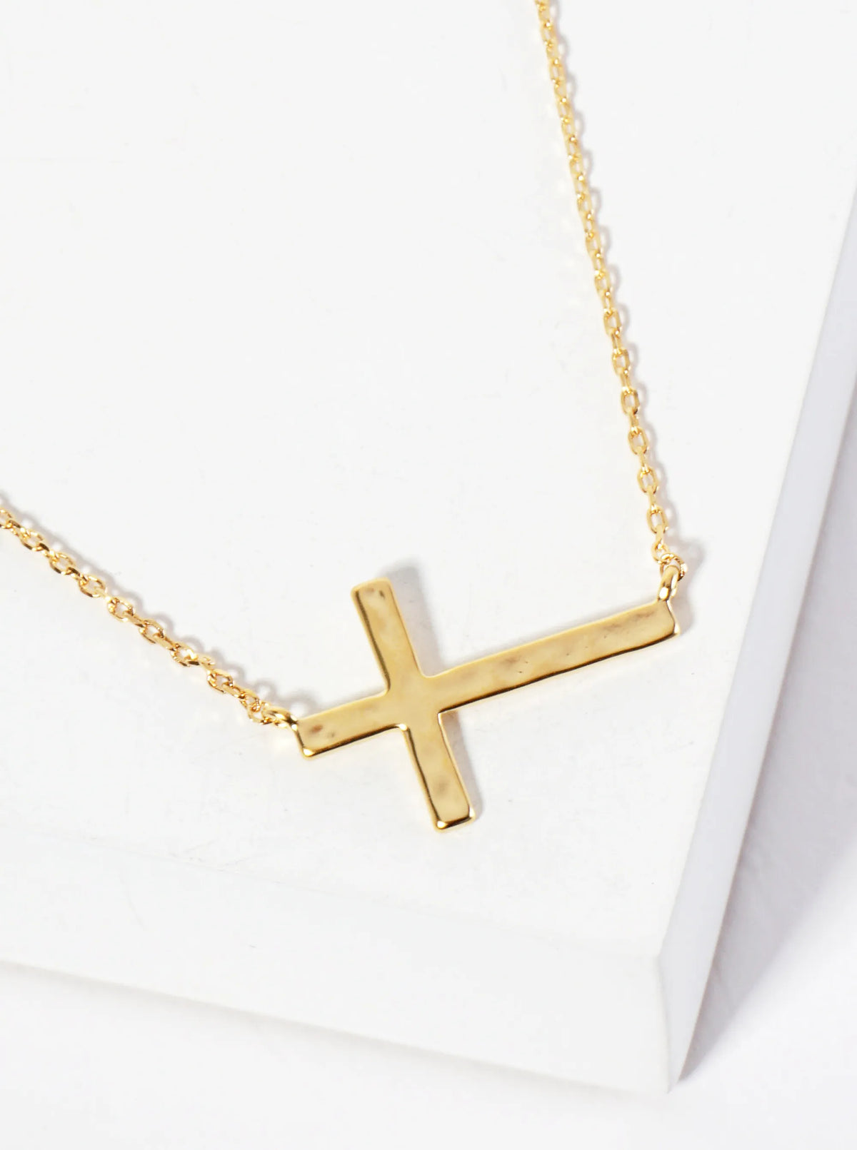 Hammered-Texture Sideways Cross Pendant 18K-Gold-Dipped Necklace