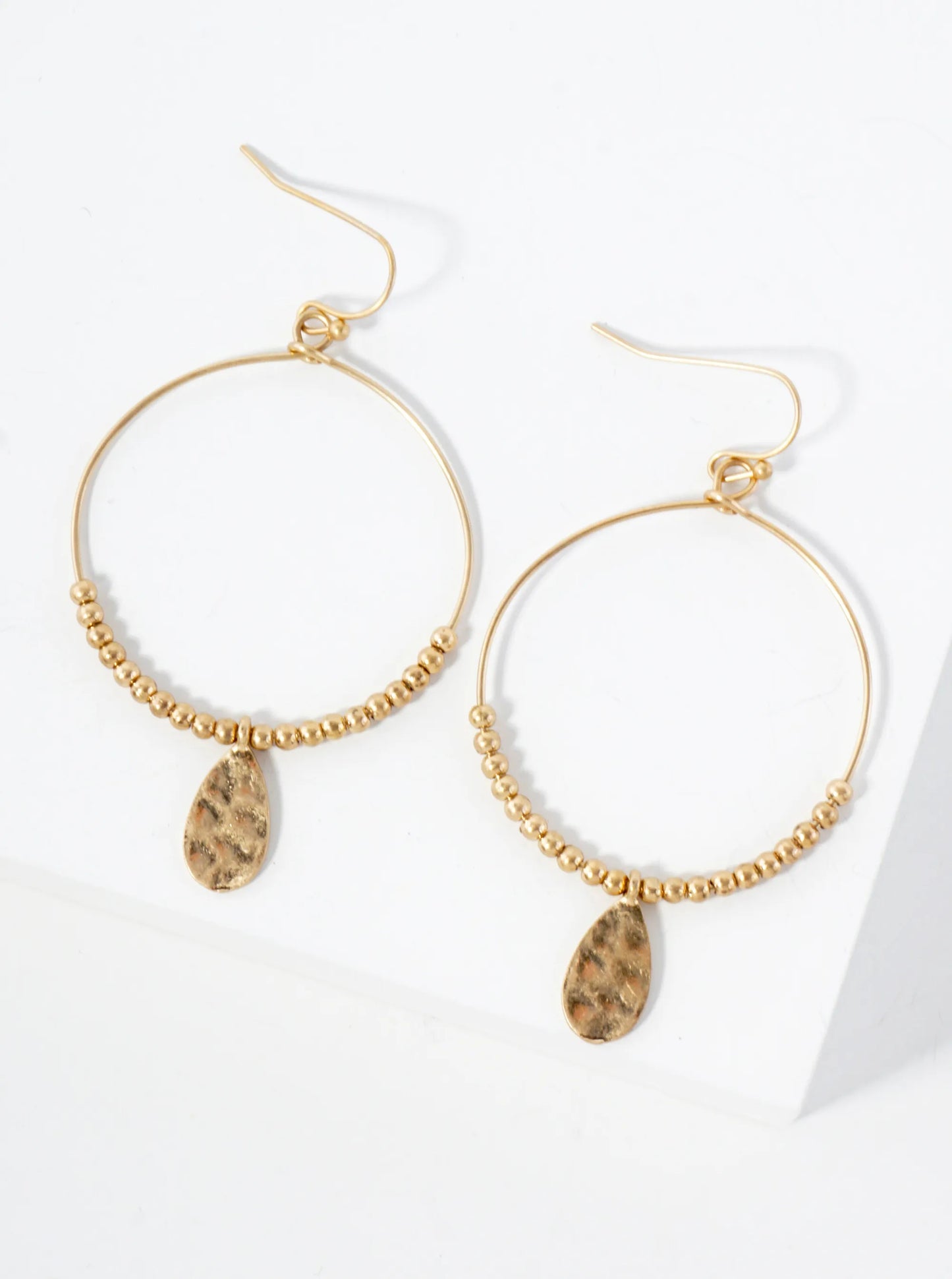 Hammered-Texture Teardrop Drop Metal Beaded Circle Earrings