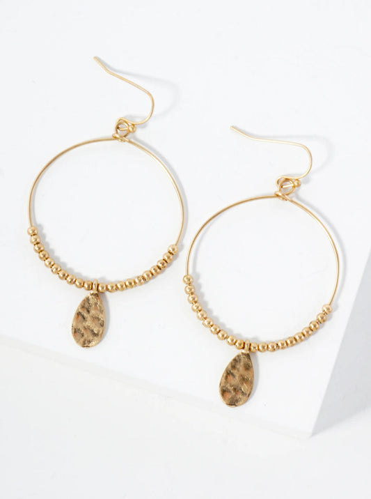 Hammered-Texture Teardrop Drop Metal Beaded Circle Earrings