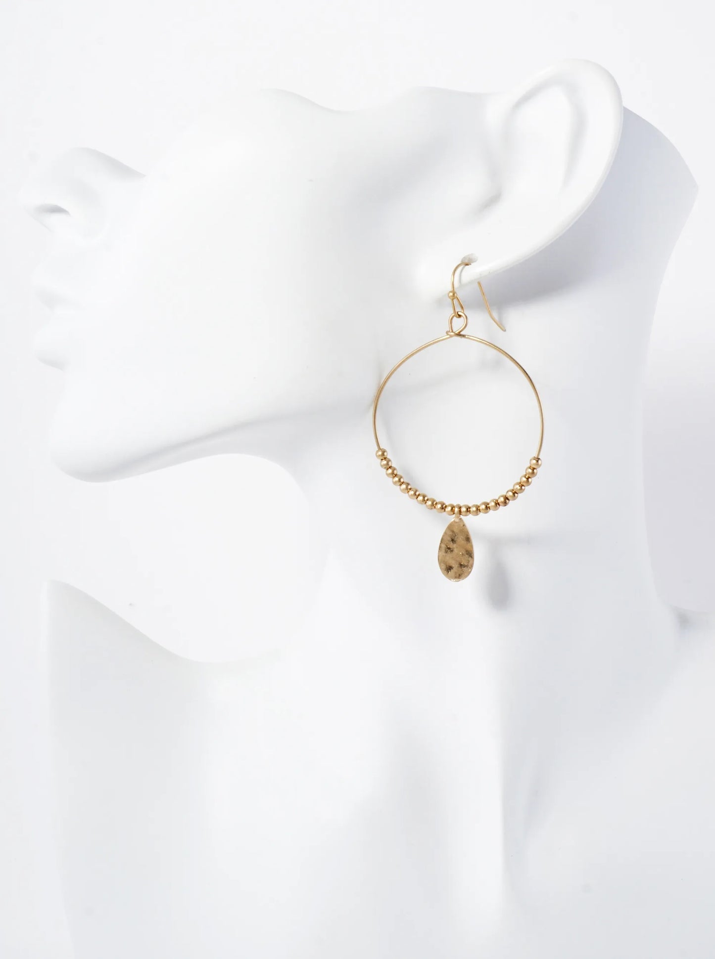 Hammered-Texture Teardrop Drop Metal Beaded Circle Earrings