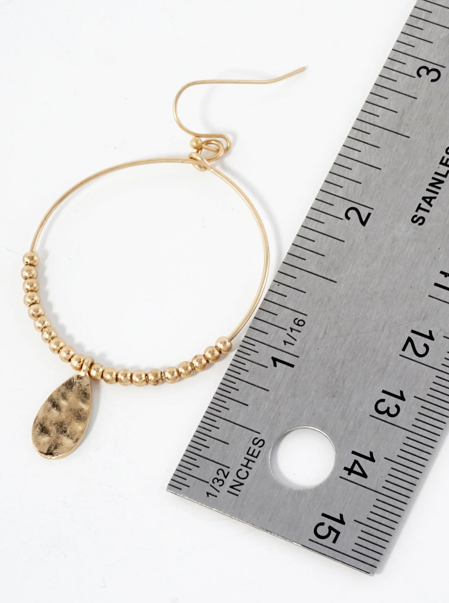 Hammered-Texture Teardrop Drop Metal Beaded Circle Earrings