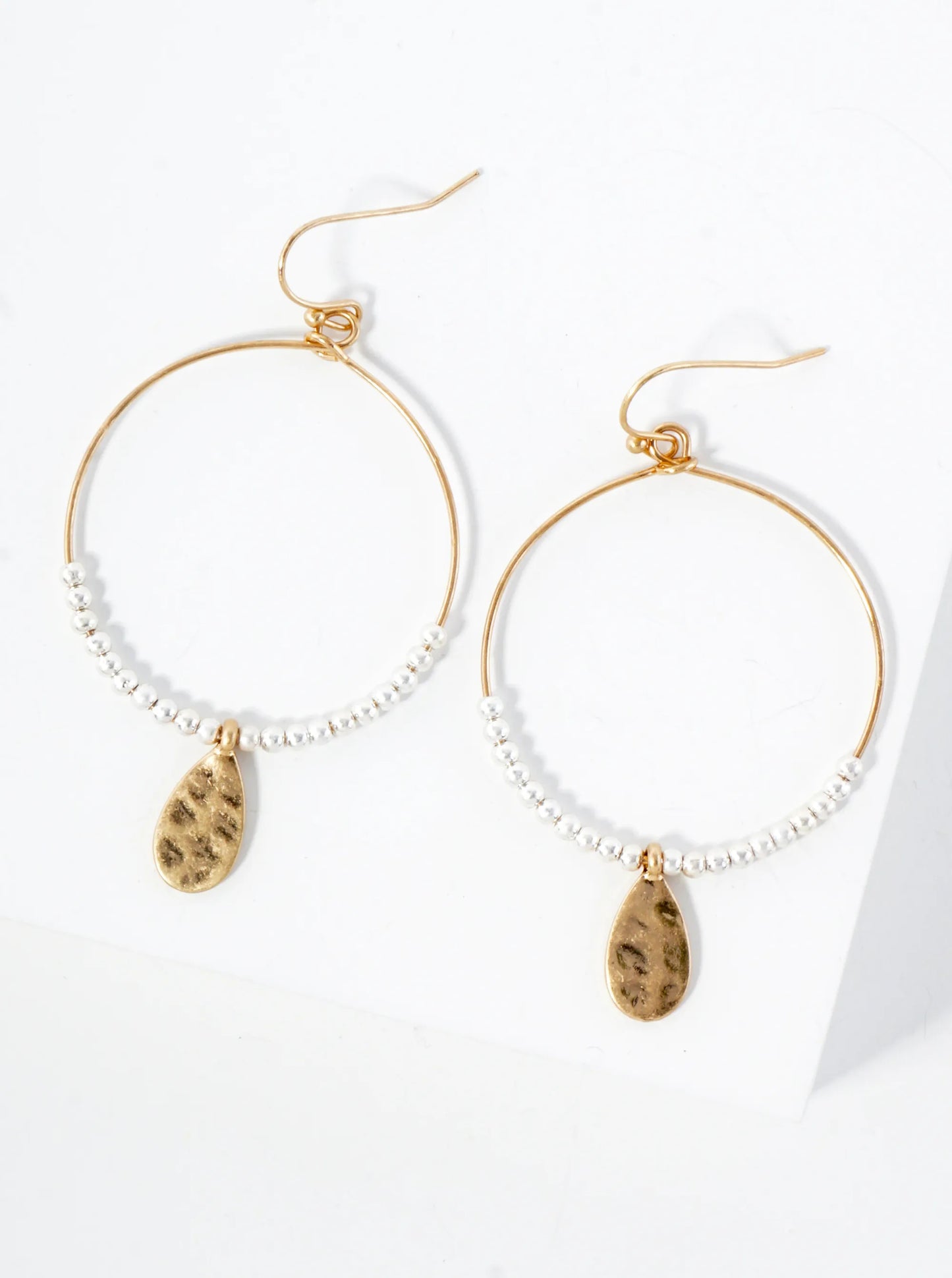 Hammered-Texture Teardrop Drop Metal Beaded Circle Earrings