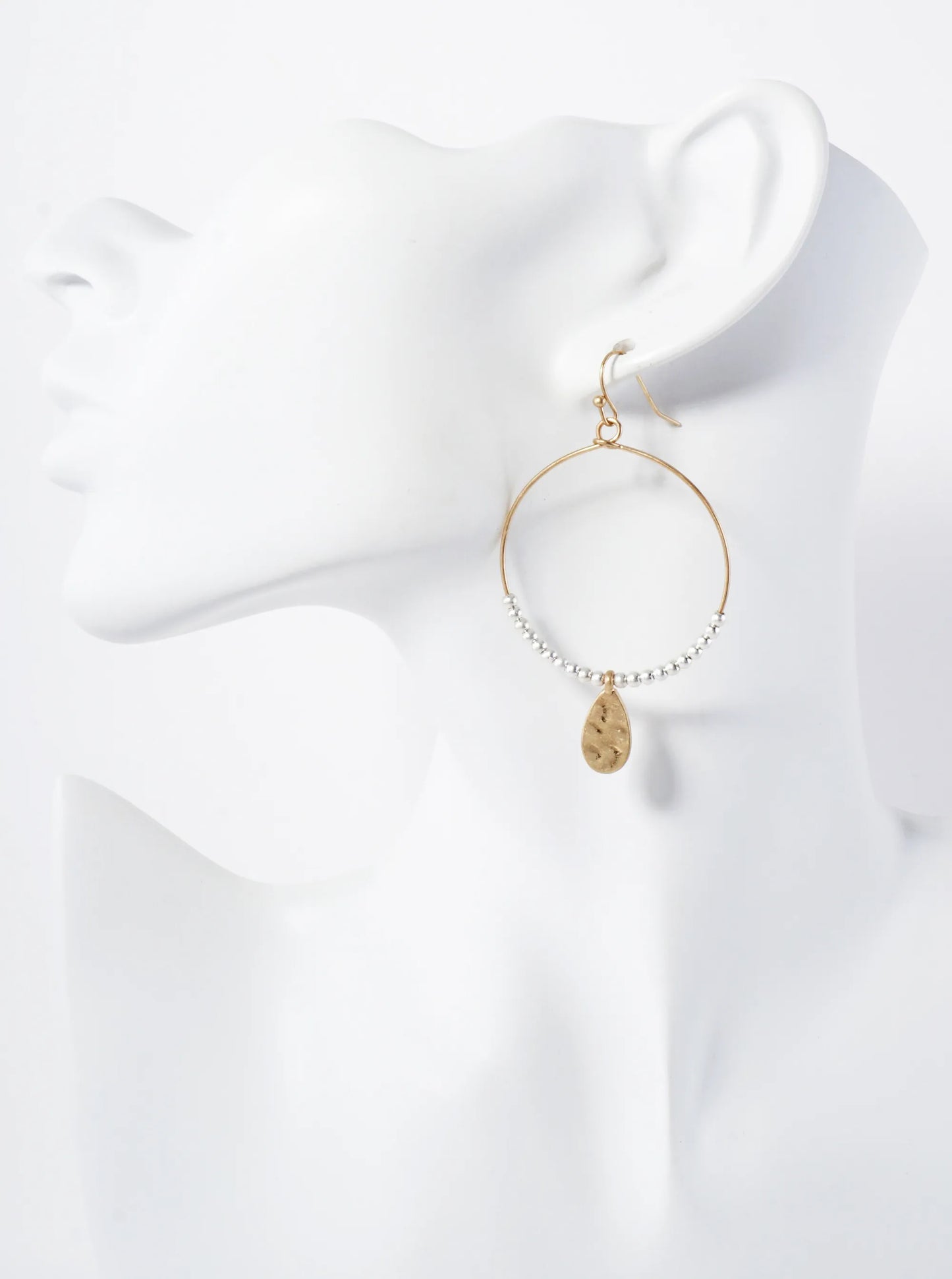 Hammered-Texture Teardrop Drop Metal Beaded Circle Earrings
